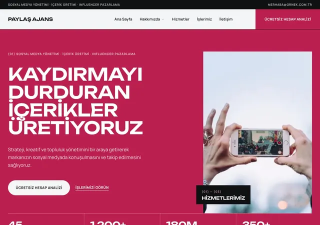 Paylaş Sosyal Medya Ajansı şablonunun ana sayfası: Sosyal medya yönetimi ve içerik ajansları için renkli, enerjik ajans şablonu.
