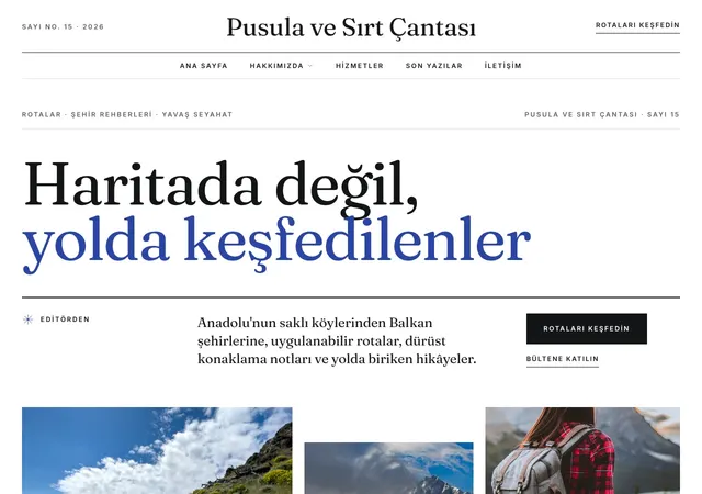 Pusula ve Sırt Çantası Seyahat Blogu web sitesi şablonu ana sayfa görünümü