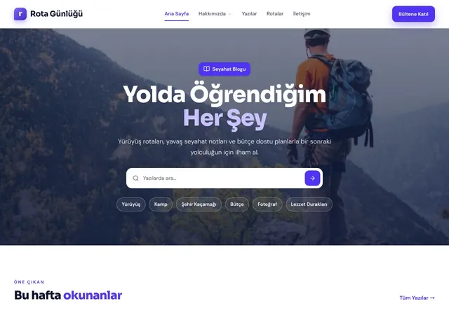 Seyahat Blogu — Rota Günlüğü web sitesi şablonu ana sayfa görünümü