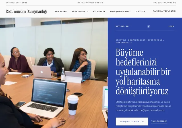 Yönetim Danışmanlığı şablonunun ana sayfası: Strateji, organizasyon ve süreç iyileştirme alanında çalışan yönetim danışmanlığı firmaları için kurumsal bir şablon.