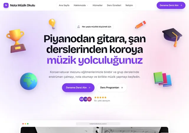Müzik Okulu web sitesi şablonu ana sayfa görünümü