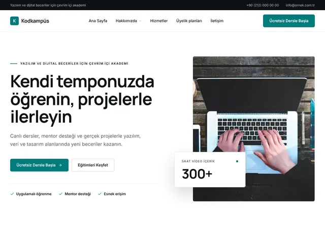 Online Kurs Platformu şablonunun ana sayfası: Çevrim içi eğitim ve bootcamp platformları için teknolojik şablon.