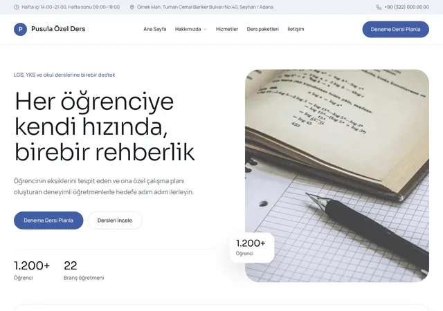 Özel Ders ve Etüt Merkezi web sitesi şablonu ana sayfa görünümü