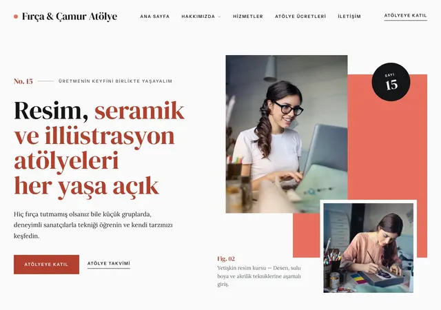 Sanat Atölyesi şablonunun ana sayfası: Resim, seramik ve sanat atölyeleri için renkli, yaratıcı şablon.