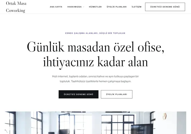 Coworking & Ofis Paylaşım web sitesi şablonu ana sayfa görünümü