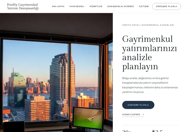 Emlak Yatırım Danışmanlığı şablonunun ana sayfası: Gayrimenkul yatırım danışmanlığı firmaları için kurumsal, analitik şablon.
