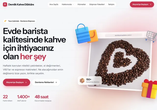 Kahve ve Demleme Ekipmanı Dükkânı web sitesi şablonu ana sayfa görünümü