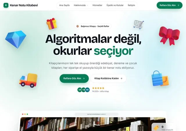 Bağımsız Kitapçı şablonunun ana sayfası: Seçkili kitap satan bağımsız kitapçılar için edebi, sade ve okur dostu bir e-ticaret şablonu.