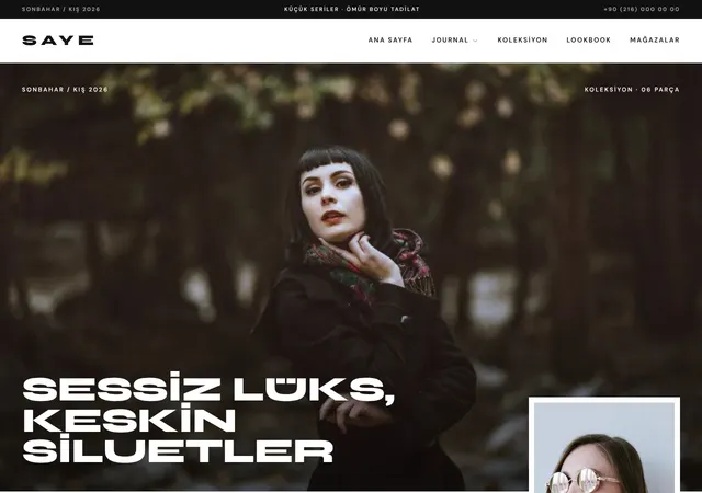 Moda & Yaşam Markası şablonunun ana sayfası: Moda markaları için editoryal vitrin: tam ekran fotoğraflar, lookbook, ürün kartları, koleksiyon kaydırıcısı ve journal sayfası.