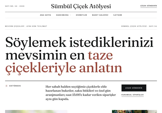 Online Çiçekçi şablonunun ana sayfası: Aynı gün teslimatlı çiçek ve aranjman satan çiçekçiler için romantik, renkli bir e-ticaret şablonu.