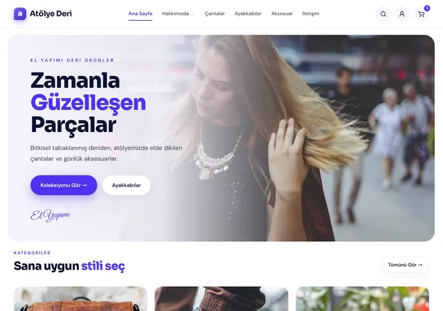 Deri & Aksesuar Mağazası şablonunun ana sayfası: BogaHost Vitrin e-ticaret teması, beyaz menü ile: el yapımı deri çanta, ayakkabı ve aksesuar vitrini; ürün kartları, kategori ve ürün detay sayfası, sipariş formu.