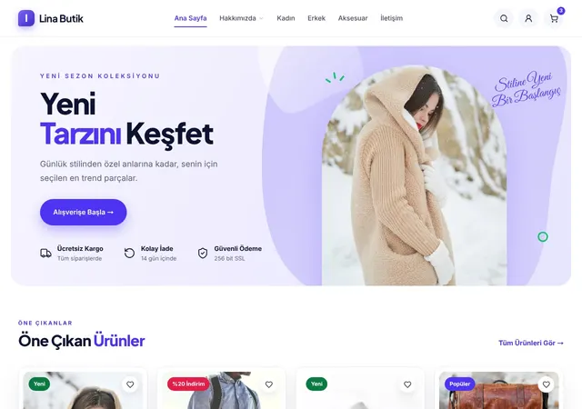 Moda Butik — Yeni Tarzını Keşfet şablonunun ana sayfası: BogaHost Vitrin moda teması: lavanta hero, model fotoğrafı, güven rozetleri, rozetli ürün kartları, kategori ve ürün detay sayfaları (sipariş formu ile vitrin).