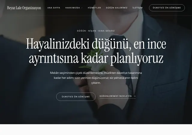 Düğün Organizasyonu şablonunun ana sayfası: Düğün, nişan ve kına organizasyonu yapan ekipler için zarif, romantik bir site şablonu.