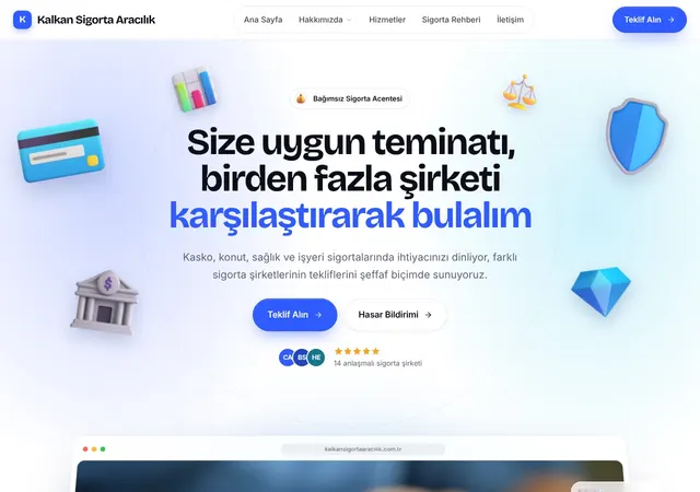 Sigorta Acentesi şablonunun ana sayfası: Kasko, konut, sağlık ve işyeri sigortası sunan acenteler için güven veren bir şablon.