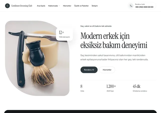 Erkek Bakım Merkezi şablonunun ana sayfası: Erkek bakım ve grooming merkezleri için güçlü, modern şablon.