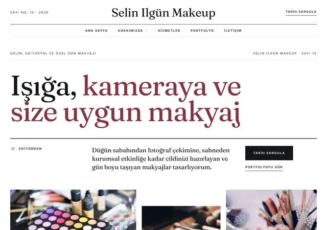 Makyaj Artisti şablonunun ana sayfası: Profesyonel makyaj artistleri için portfolyo odaklı, cesur şablon.