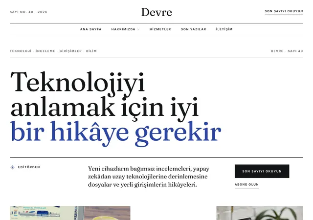Devre Teknoloji Dergisi şablonunun ana sayfası: Teknoloji dergileri ve dijital yayınlar için modern, inceleme ve analiz odaklı şablon.
