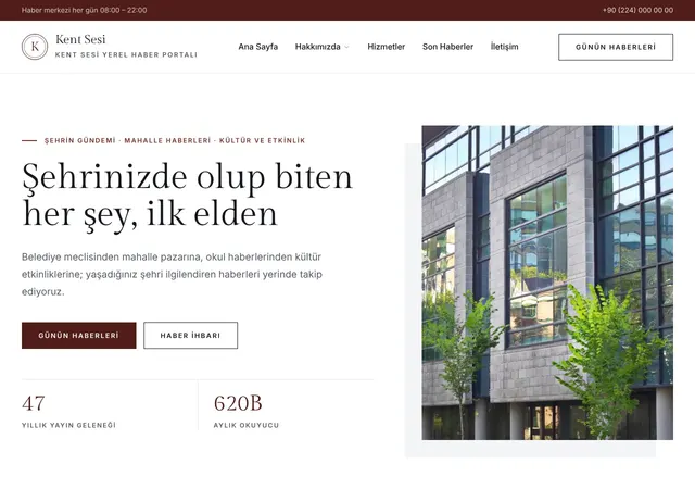 Kent Sesi Yerel Haber Portalı web sitesi şablonu ana sayfa görünümü