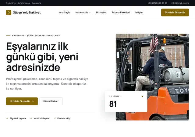 Evden Eve Nakliyat şablonunun ana sayfası: Evden eve nakliyat, ofis taşıma ve eşya depolama firmaları için güçlü ve güven veren bir şablon.