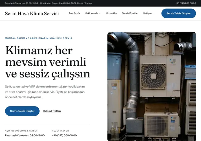 Klima Servisi web sitesi şablonu ana sayfa görünümü