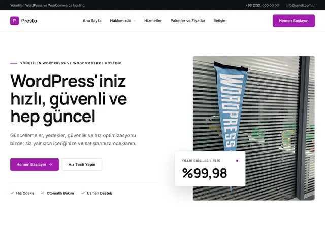 Presto Yönetilen WordPress web sitesi şablonu ana sayfa görünümü