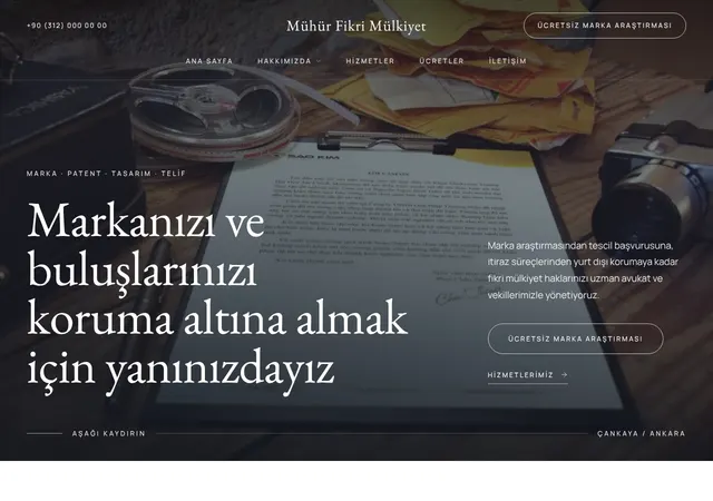 Fikri Mülkiyet ve Marka Tescil web sitesi şablonu ana sayfa görünümü