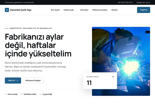 Çelik Yapı & Endüstriyel İnşaat şablonunun ana sayfası: Fabrika, depo ve çelik konstrüksiyon projeleri yapan endüstriyel bir inşaat firması şablonu.