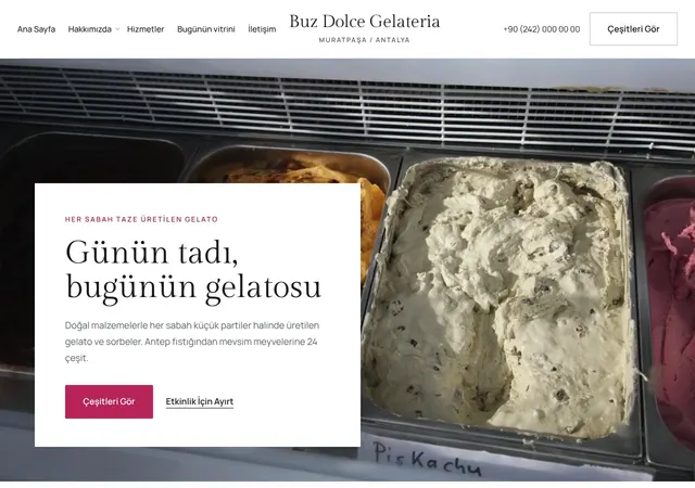 Dondurmacı & Gelato web sitesi şablonu ana sayfa görünümü