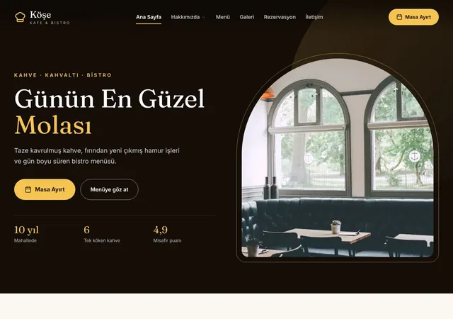 Kafe & Bistro — Sıcak Bir Mola şablonunun ana sayfası: BogaHost Vitrin kafe teması: koyu ve sıcak hero, altın butonlar, menü grupları, galeri ve rezervasyon formu.