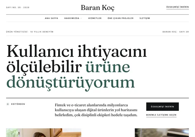 Baran Koç Özgeçmiş web sitesi şablonu ana sayfa görünümü