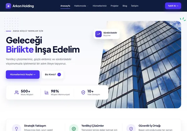 Kurumsal — Geleceği Birlikte İnşa Edelim şablonunun ana sayfası: BogaHost Vitrin kurumsal teması: lacivert menü, eğik kesimli bina fotoğrafı, istatistik kartı, değerler şeridi, hizmetler ve projeler.