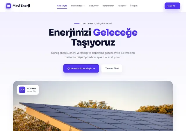 Kurumsal — Enerji Şirketi şablonunun ana sayfası: BogaHost Vitrin kurumsal teması, beyaz menü ve ters kompozisyon ile: enerji ve mühendislik şirketleri için istatistikler, değerler, çözümler ve referanslar.