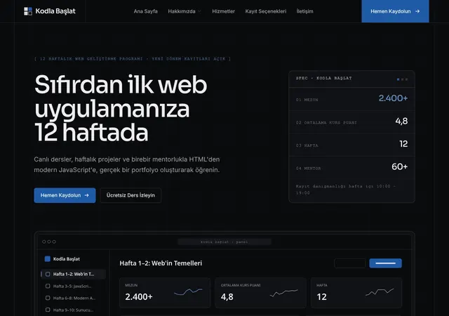Kodla Başlat Online Kurs web sitesi şablonu ana sayfa görünümü