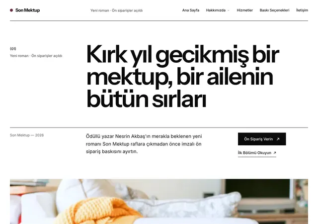 Son Mektup Kitap Lansmanı web sitesi şablonu ana sayfa görünümü