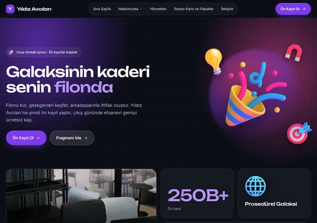 Yıldız Avcıları Mobil Oyun web sitesi şablonu ana sayfa görünümü