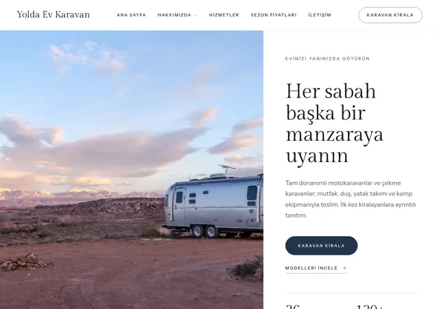 Karavan Kiralama şablonunun ana sayfası: Motokaravan, çekme karavan ve kamp ekipmanı kiralama hizmeti sunan karavan şablonu.