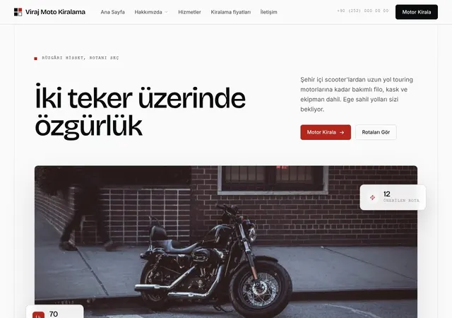 Motosiklet Kiralama şablonunun ana sayfası: Scooter, naked, touring ve adventure motosiklet kiralama ile rehberli turlar sunan şablon.