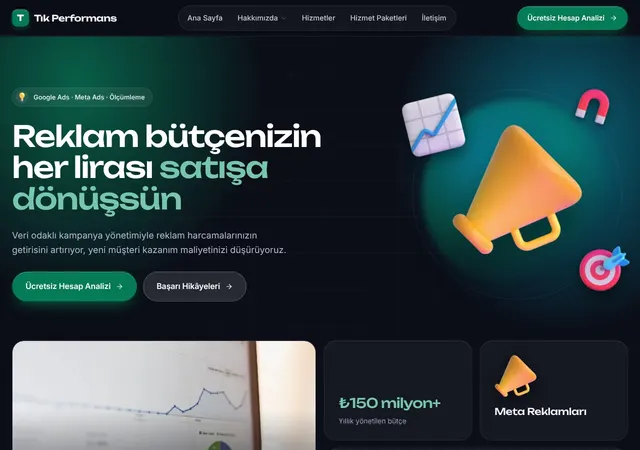 Tık Performans Pazarlama şablonunun ana sayfası: Google Ads, Meta reklamları ve performans pazarlaması yapan ajanslar için sonuç odaklı şablon.
