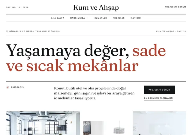 Kum ve Ahşap İç Mimarlık web sitesi şablonu ana sayfa görünümü