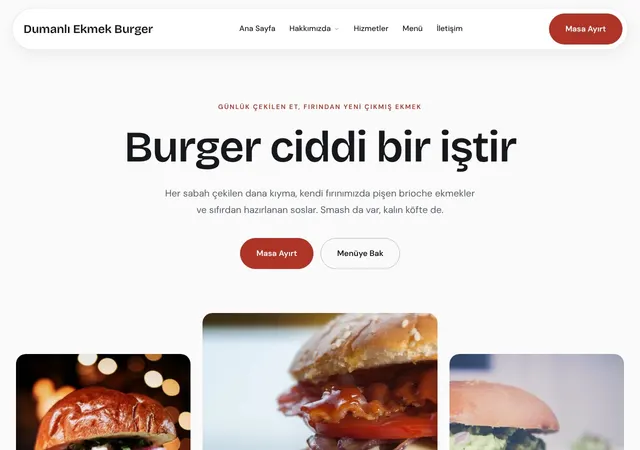 Gurme Burger şablonunun ana sayfası: Günlük çekilen dana eti, ev yapımı brioche ve el yapımı soslarla gurme burger restoranı şablonu.