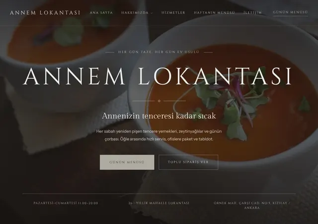 Ev Yemekleri Lokantası şablonunun ana sayfası: Günlük tencere yemekleri, tabldot ve kurumsal yemek siparişi sunan esnaf lokantası şablonu.