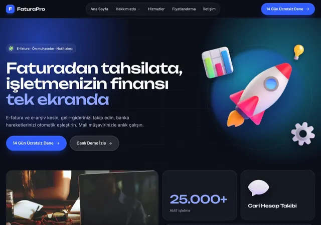 FaturaPro Ön Muhasebe web sitesi şablonu ana sayfa görünümü