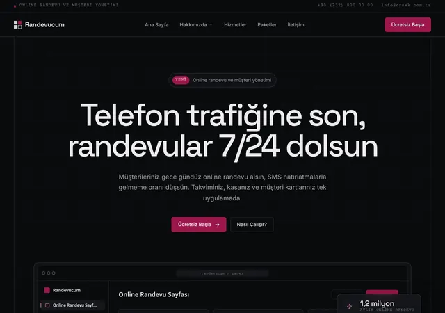 Randevucum Online Randevu şablonunun ana sayfası: Kuaför, klinik ve stüdyolar için online randevu ve müşteri yönetimi yazılımına özel SaaS şablonu.