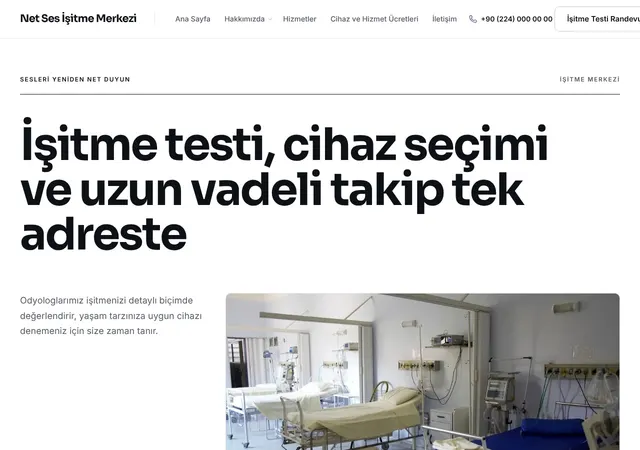 İşitme Merkezi şablonunun ana sayfası: İşitme cihazı ve odyoloji merkezleri için sade, okunaklı şablon.