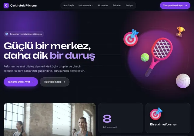 Pilates Stüdyosu şablonunun ana sayfası: Reformer ve mat pilates stüdyoları için zarif, modern şablon.