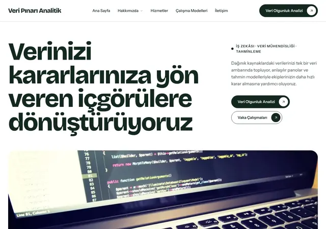 Veri Analitiği Şirketi şablonunun ana sayfası: İş zekâsı, veri mühendisliği ve analitik danışmanlığı yapan şirketler için net, modern bir teknoloji şablonu.