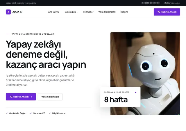 Zihin Yapay Zekâ Danışmanlık web sitesi şablonu ana sayfa görünümü