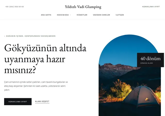 Glamping & Kamp Alanı web sitesi şablonu ana sayfa görünümü