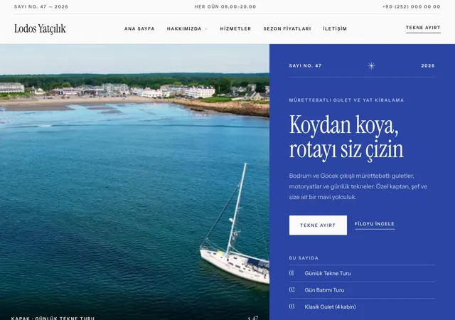 Tekne Kiralama & Mavi Yolculuk web sitesi şablonu ana sayfa görünümü