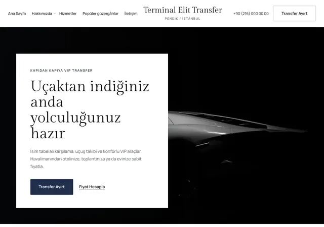 Havalimanı VIP Transfer web sitesi şablonu ana sayfa görünümü